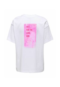 T-shirt en coton blanc avec un graphique rose au dos portant le texte « IN IT FOR THE LONG RUN. » et un léger effet de décoloration.