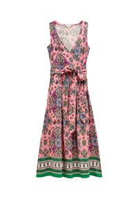 Rosa Wickelkleid mit V-Ausschnitt, floralem Paisleymuster und grünem gestreiftem Saum. Weicher Stoff mit einem Bindeband in der Taille.