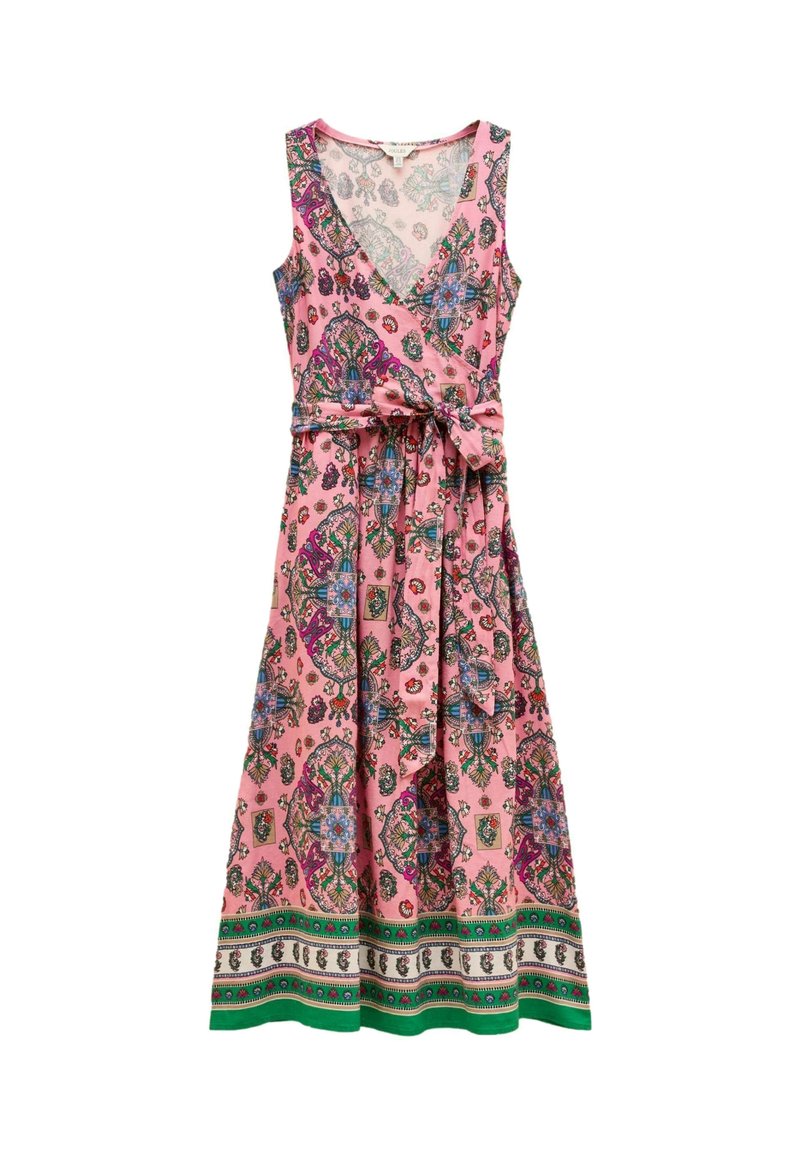 Rosa Wickelkleid mit V-Ausschnitt, floralem Paisleymuster und grünem gestreiftem Saum. Weicher Stoff mit einem Bindeband in der Taille.