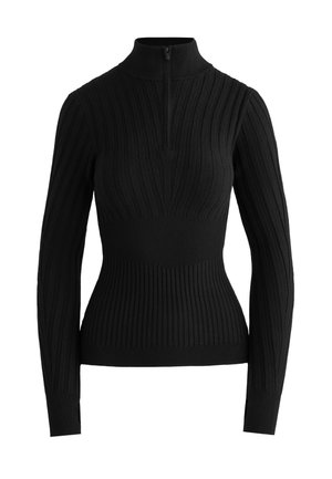 Maglione nero a coste con colletto alto e zip a metà. Presenta una silhouette aderente e maniche lunghe, realizzato in un materiale lavorato a maglia testurizzato.