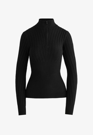 Maglione nero a coste con colletto alto e zip a metà. Presenta una silhouette aderente e maniche lunghe, realizzato in un materiale lavorato a maglia testurizzato.
