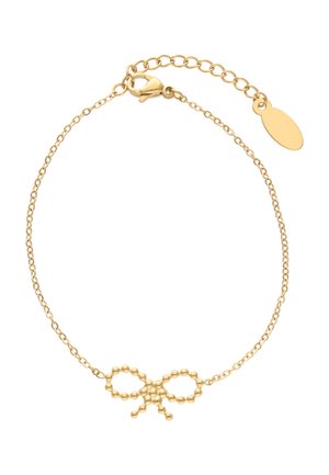 Fijne gouden armband met een strikbedel van kralen en een verstelbare sluiting met een klein ovaal hangertje.