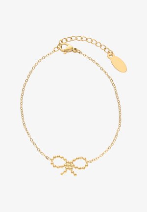 Fijne gouden armband met een strikbedel van kralen en een verstelbare sluiting met een klein ovaal hangertje.