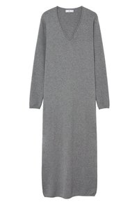 Robe en tricot gris à manches longues avec un décolleté en V et une coupe droite, conçue pour un usage décontracté ou semi-formel.