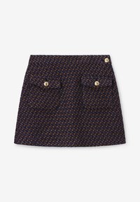 Jupe navy à motifs avec deux poches avant ornées de boutons en or, tissu texturé avec un motif floral répétitif.