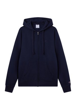 Marineblauwe hoodie met ritssluiting, een capuchon met trekkoord, voorzakken en geribbelde manchetten. Bevat een klein logo op de linkerborst en een zachte stoftextuur.