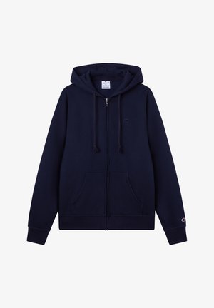 Marineblauwe hoodie met ritssluiting, een capuchon met trekkoord, voorzakken en geribbelde manchetten. Bevat een klein logo op de linkerborst en een zachte stoftextuur.