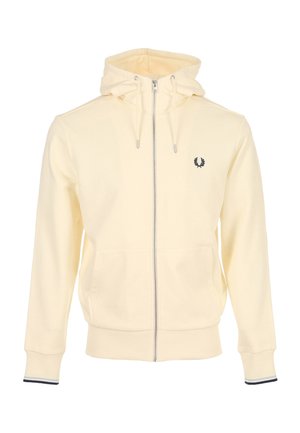Felpa con cappuccio giallo chiaro con zip, tasche frontali, polsini a coste e piccolo logo scuro sul petto sinistro.