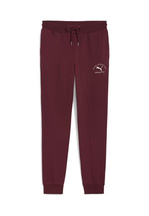 Bordeauxfarvede sweatpants lavet af blødt stof, med en snoretræk i taljen, tapered ben og hvid logo-accent på låret.
