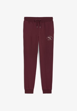 Burgundyrörelser i mjukt tyg, med dragsko i midjan, tapered ben och vit logotypaccent på låret.