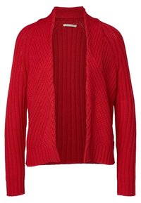 Cardigan tricoté rouge avec une texture côtelée, une ouverture à l'avant, des manches longues et un col châle. Présente un motif diagonal sur les panneaux avant.