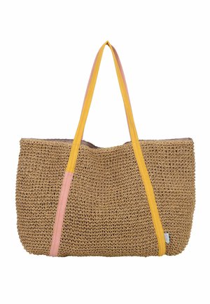 Große gewebte beige Tragetasche mit langen gelben und pinken Griffen, offenem oberen Eingang und rechteckiger Form.