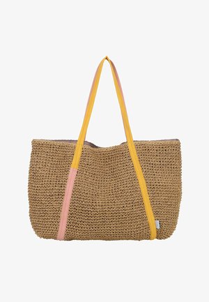 Große gewebte beige Tragetasche mit langen gelben und pinken Griffen, offenem oberen Eingang und rechteckiger Form.