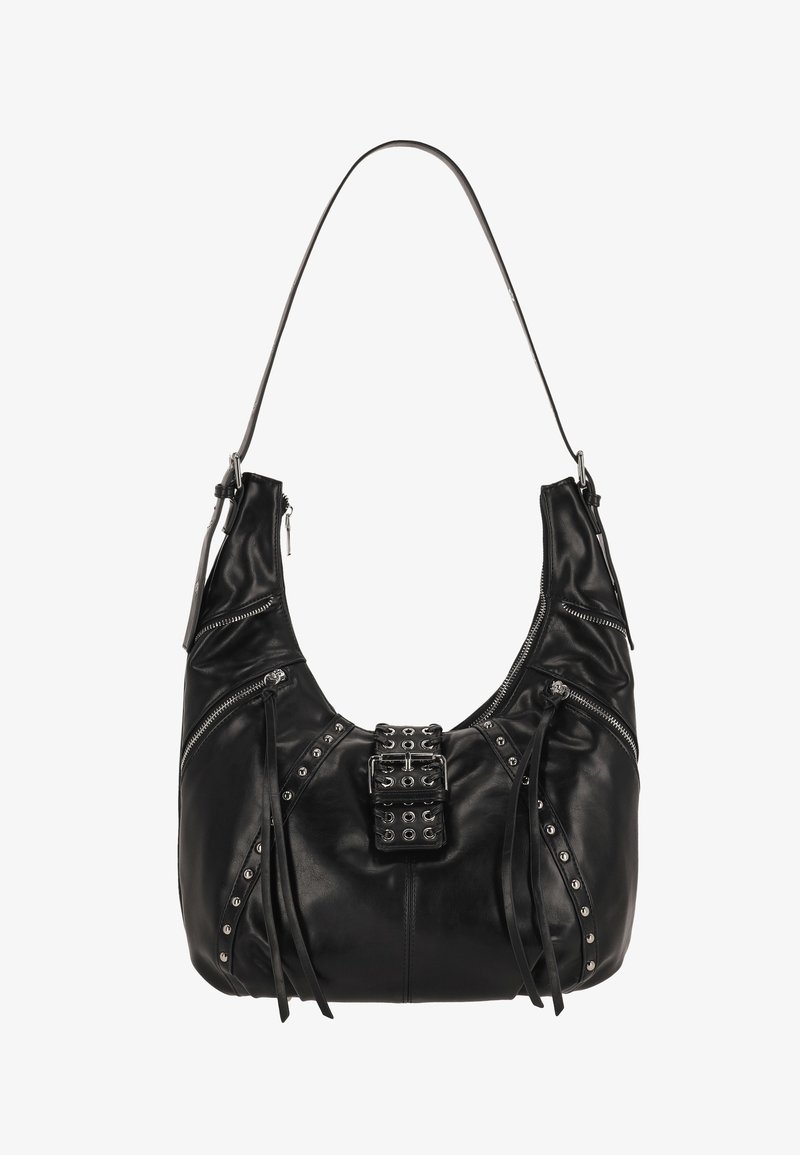 Geantă hobo din piele neagră cu formă curbată, accente din metal argintiu, detalii cu ținte și multiple buzunare cu fermoar pe laterale.