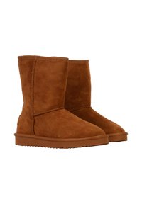 Botas de tobillo de ante marrón con una textura suave, puntera redondeada y suela plana de goma. Presenta costuras cosidas y un diseño sencillo.