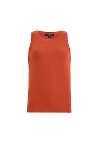 Oranje geribde tanktop met een ronde halslijn en zonder mouwen. Aansluitend ontwerp en een gladde textuur. Heeft een merketiket bij de halslijn.