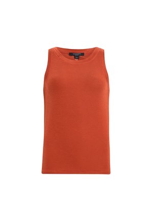 Top canotta arancione a coste con scollatura rotonda e senza maniche. Design aderente e texture liscia. Presenta un'etichetta del marchio all'altezza della scollatura.