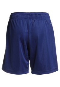 Navy blue athletic shorts made of smooth, lightweight fabric with an elastic waistband and stitched hems, featuring minimal branding.