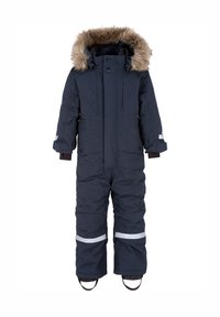 Mörkblå vinteroverall med foder av konstpäls, vattentätt material, reflexstripes på benen och elastiska muddar vid anklarna.