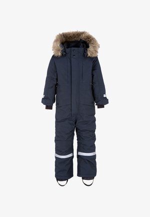 Laivansininen talvitakki lumisateeseen, jossa on tekoturkistarroilla vuorattu huppu, vedenpitävä materiaali, heijastavat raidat jaloissa ja joustavat hihnat nilkoissa.