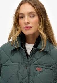 Chaqueta verde acolchada con diseño de cuello, que presenta un bolsillo en el pecho, cremallera dorada y un parche de marca en el lado izquierdo. La textura parece suave.