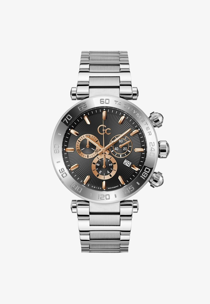 Silverfärgad klocka i rostfritt stål med chronograph, svartrandig urtavla, guldaccenter, tachymeterskal och datavisning vid klockan 6.