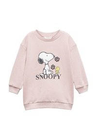 Rosa sweatshirt med en grafik av Snoopy och Woodstock, med blommor. Tillverkad av mjukt material, har rund hals och ribbade ärmslut.