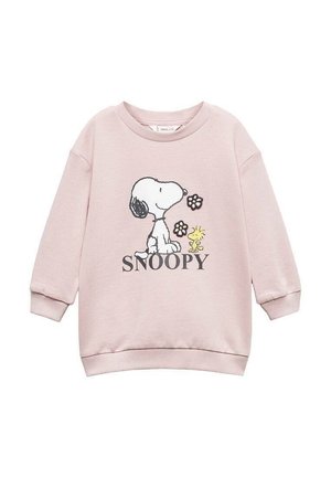 Rosa sweatshirt med en grafik av Snoopy och Woodstock, med blommor. Tillverkad av mjukt material, har rund hals och ribbade ärmslut.