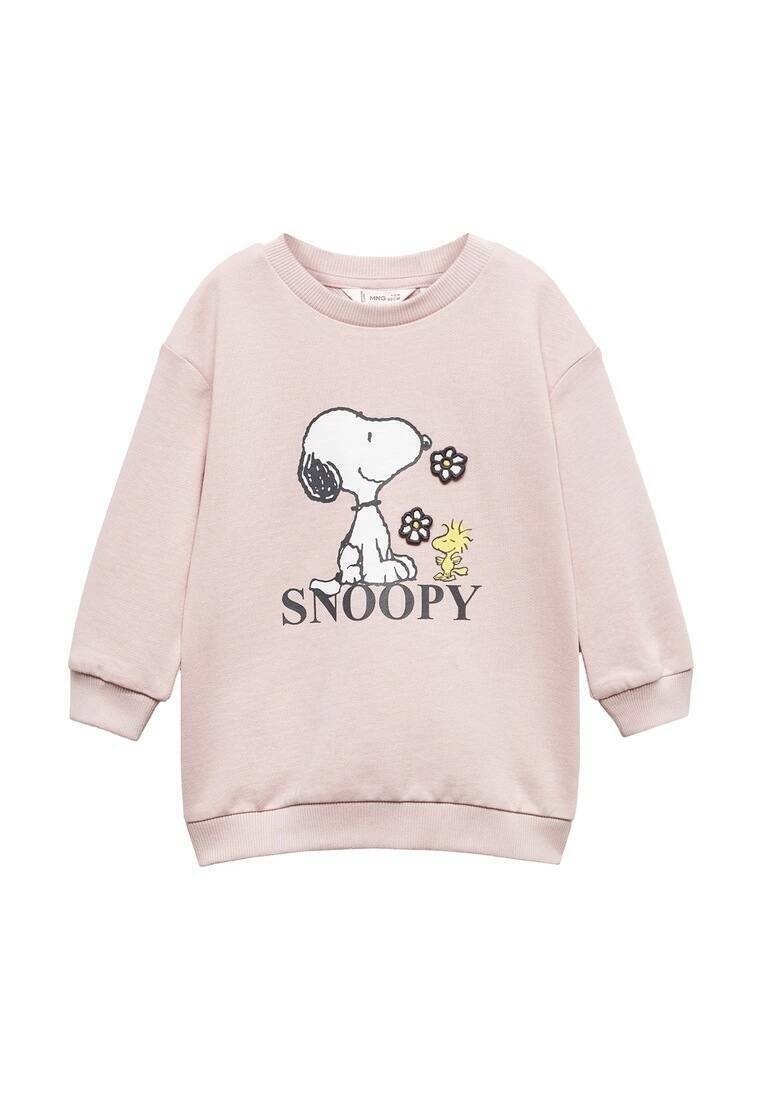 Rosa sweatshirt med en grafik av Snoopy och Woodstock, med blommor. Tillverkad av mjukt material, har rund hals och ribbade ärmslut.