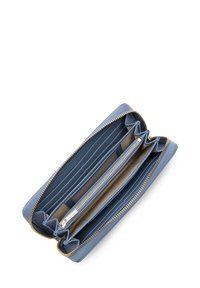 Blue leather wallet with a textured finish, featuring multiple compartments and a gold zipper. Interior is beige with multiple card slots.