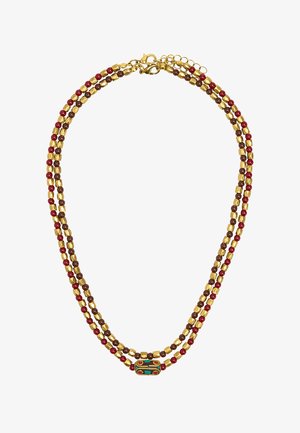 Złocona, warstwowa naszyjnik z czerwonymi i brązowymi koralikami, z dekoracyjnym centrum ozdobionym akcentami w kolorze turkusowym oraz zapięciem na klamrę.