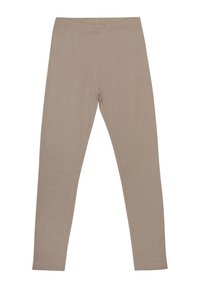 Beige Leggings aus weicher, dehnbarer Stoff. Sie verfügen über einen glatten Bund und schmal zulaufende Beine, ohne sichtbare Nähte oder Muster.