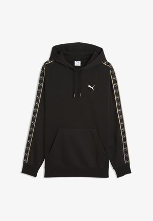 Sweat à capuche noir avec poche kangourou à l’avant, capuche à cordon, logo Puma blanc sur la poitrine et détails de bandes marquées le long des manches avec passepoil jaune.