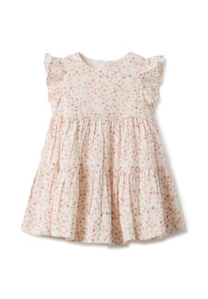 Cremefarbenes Kleinkindkleid mit kleinen pinken und beigen Blumenprints, Rüschenärmeln und gestuftem Rock auf weißem Hintergrund.