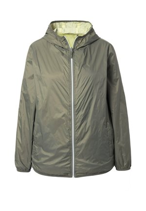 Leichte olivgrüne Kapuzenjacke mit durchgehendem Reißverschluss, Seitentaschen und elastischen Bündchen, flach liegend auf weißem Hintergrund dargestellt.