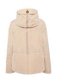 Beige waterproof jacket with a hood, featuring a contrasting vertical stripe and snap closure at the back, smooth texture, and straight cut.