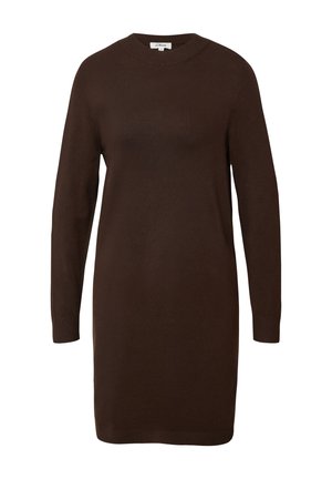 Bruine gebreide jurk met lange mouwen, ronde halslijn en een ontspannen fit. Glad textuur en middellange ontwerp.