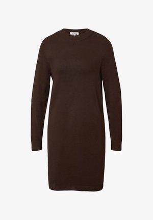 Brown knitted dress with long sleeves, round neckline, and a relaxed fit. Smooth texture and mid-length design.