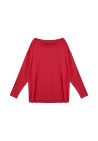 Czerwony top z długim rękawem o luźnym kroju, szerokim dekolcie i gładkiej fakturze. Posiada długie rękawy oraz prosty dół.