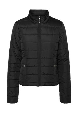 Zwarte gewatteerde pufferjas met staande kraag, volle rits aan de voorkant en drukknopen aan de zijkant, ontworpen voor koud weer.