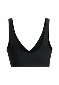 Svart ribbad bralette med djup V-ringning, breda band och en slät textur, designad för komfort och stöd. Inga knäppningar eller utsmyckningar.