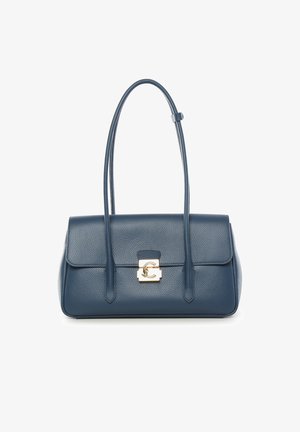 Borsa a mano in pelle blu con due lunghi manici e una chiusura in oro con logo CC intrecciato sulla patta anteriore.