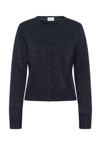 Cardigan de culoare albastru marin, fabricat dintr-un material tricotat texturat. Are un guler rotund, mâneci lungi și închidere frontală cu nasturi, având accente metalice subtile.