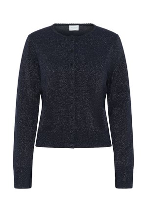 Cardigan de culoare albastru marin, fabricat dintr-un material tricotat texturat. Are un guler rotund, mâneci lungi și închidere frontală cu nasturi, având accente metalice subtile.