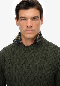 Ciemnozielony sweter z dzianiny z teksturowanymi wzorami w warkocze. Pod spodem koszula z kołnierzykiem o niebiesko-złotym kratkowanym wzorze.