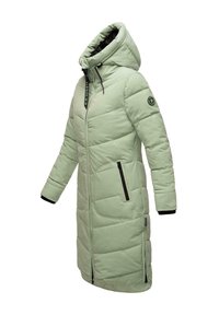 Long, light green puffer coat with a hood, featuring zippered front pockets, elastic cuffs, and diagonal quilted panels. Black accents on zippers.