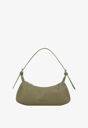 Sac à main en simili cuir vert présentant une forme arrondie, une anse unique et un détail de logo à l'avant. Texture lisse avec un éclat subtil.