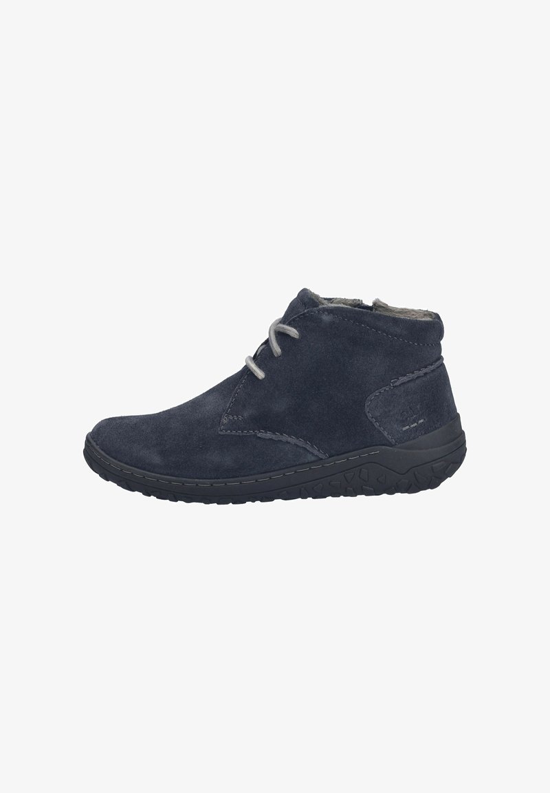 Bottes chevilles en daim bleu marine avec des lacets gris, bout arrondi, doublure intérieure douce et semelle en caoutchouc noir texturée avec motifs de grip.