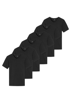 Six t-shirts noirs à col en V disposés côte à côte, fabriqués dans un mélange de coton doux avec des manches courtes et une coupe classique. Aucun motif ni accent.