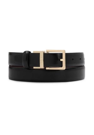 Ceinture en cuir noir au fini élégant. Elle est dotée d'une boucle en métal doré de forme rectangulaire et de trous ajustables le long de la sangle.